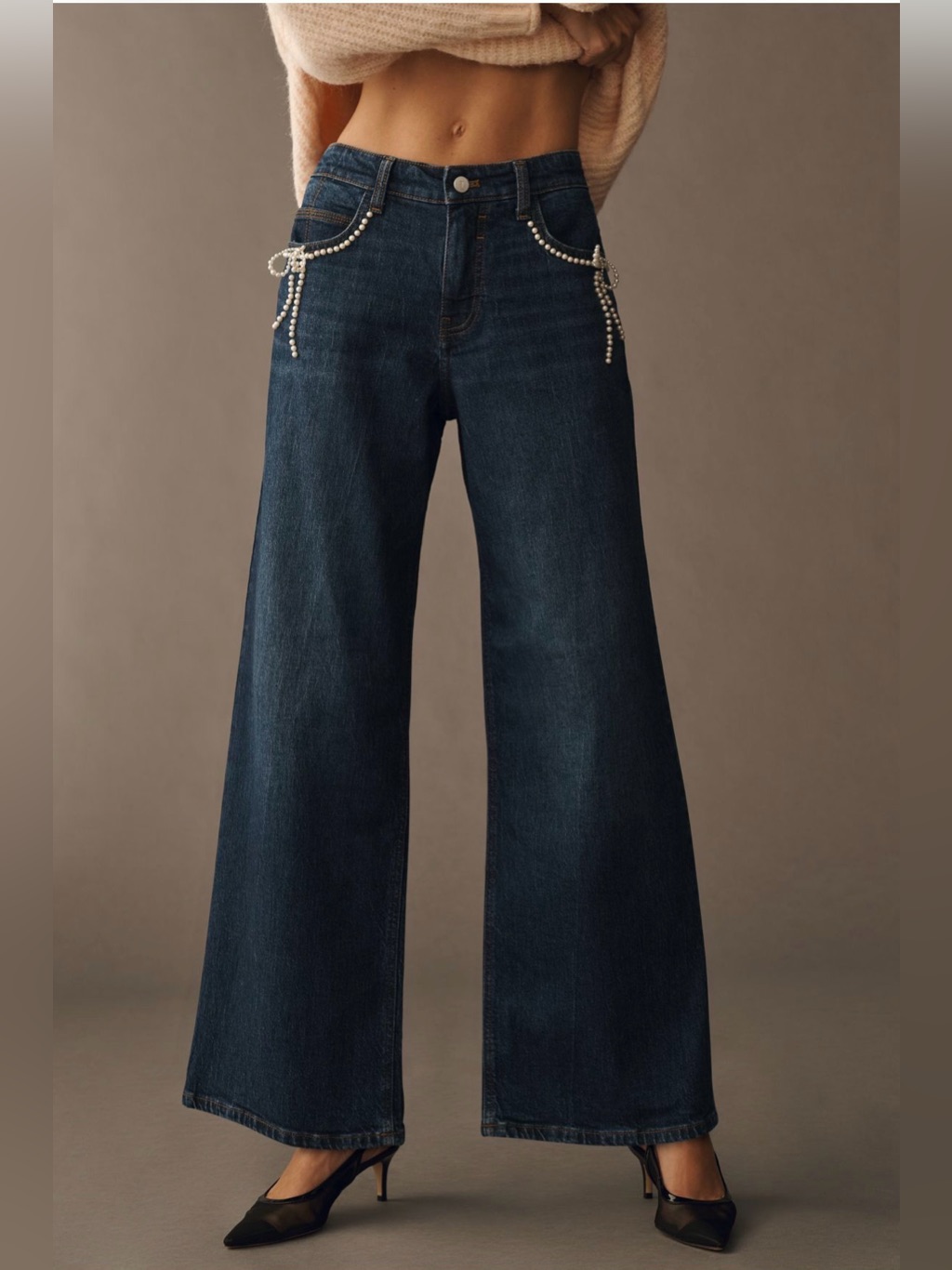 Anthropologie Pilcro Pearl-Embellished Low-Rise Wide-Leg Jeans